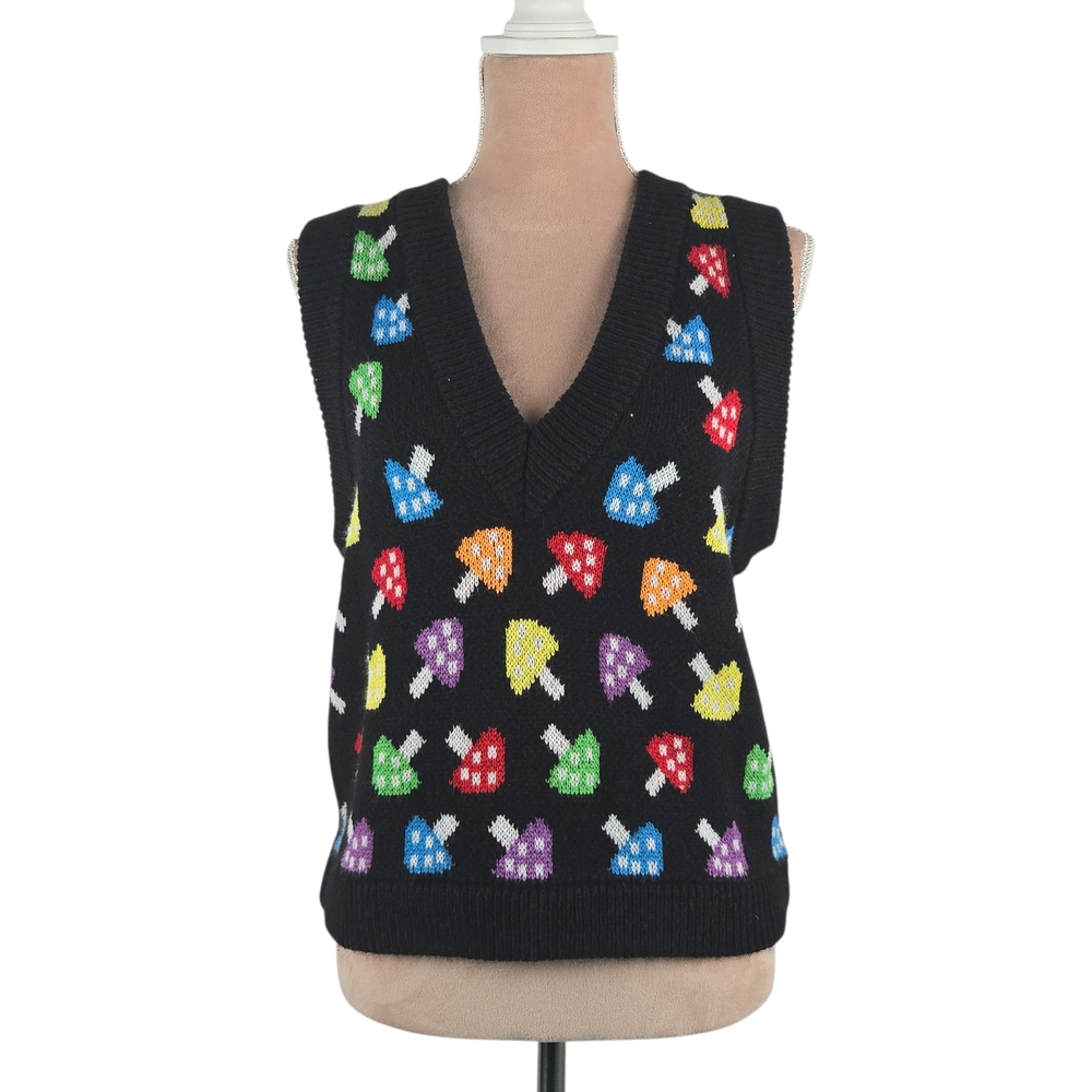 Hot Topic Rainbow Mushroom Girls Crop Sweater Vest Black Size Medium
